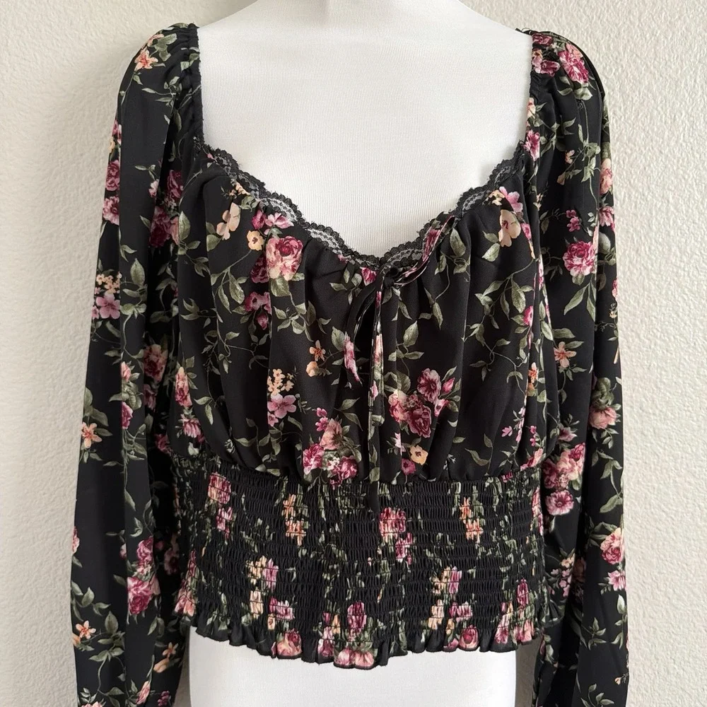 1X XL Floral Boho Off the Shoulder Top Blouse Puff Sleeve Peasant Lace Trim - Picture 3 of 15